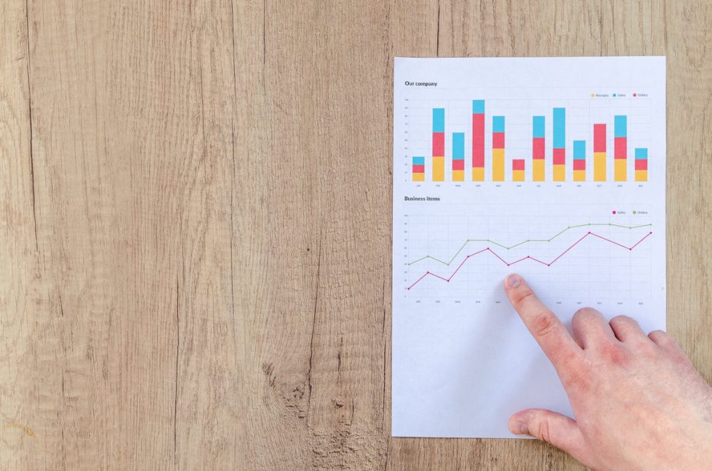 Hand pointing at printed advertising campaign performance charts
