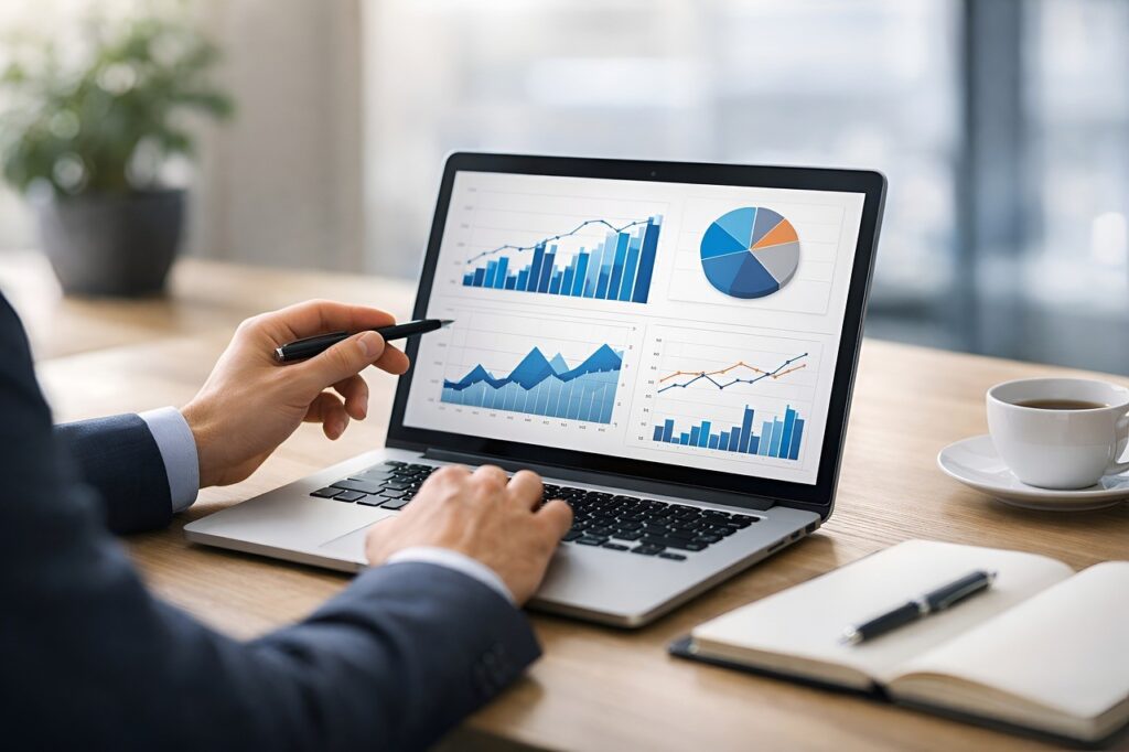 hero analyse donnees conversion Professionnel analysant des graphiques de conversion sur un ordinateur portable au bureau