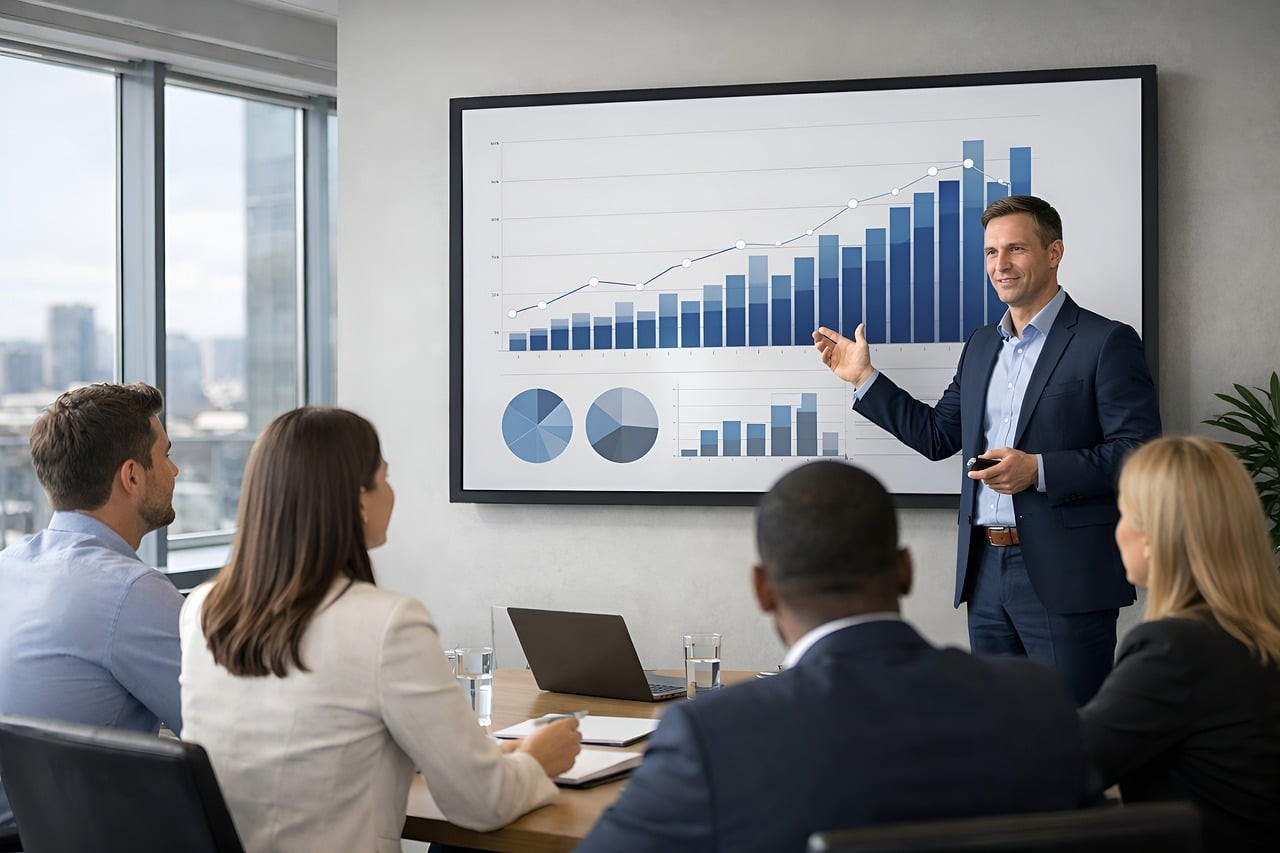 body presentation canaux budget A manager presents bar and pie charts on channel performance to a seated team in a conference room