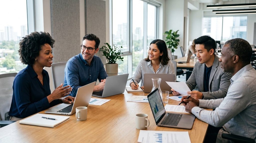 Diverse business team meeting in a bright modern office
