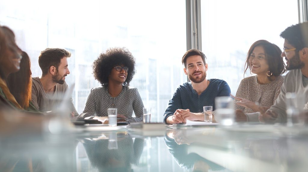 A marketing team discussing content strategy around a table in a bright office